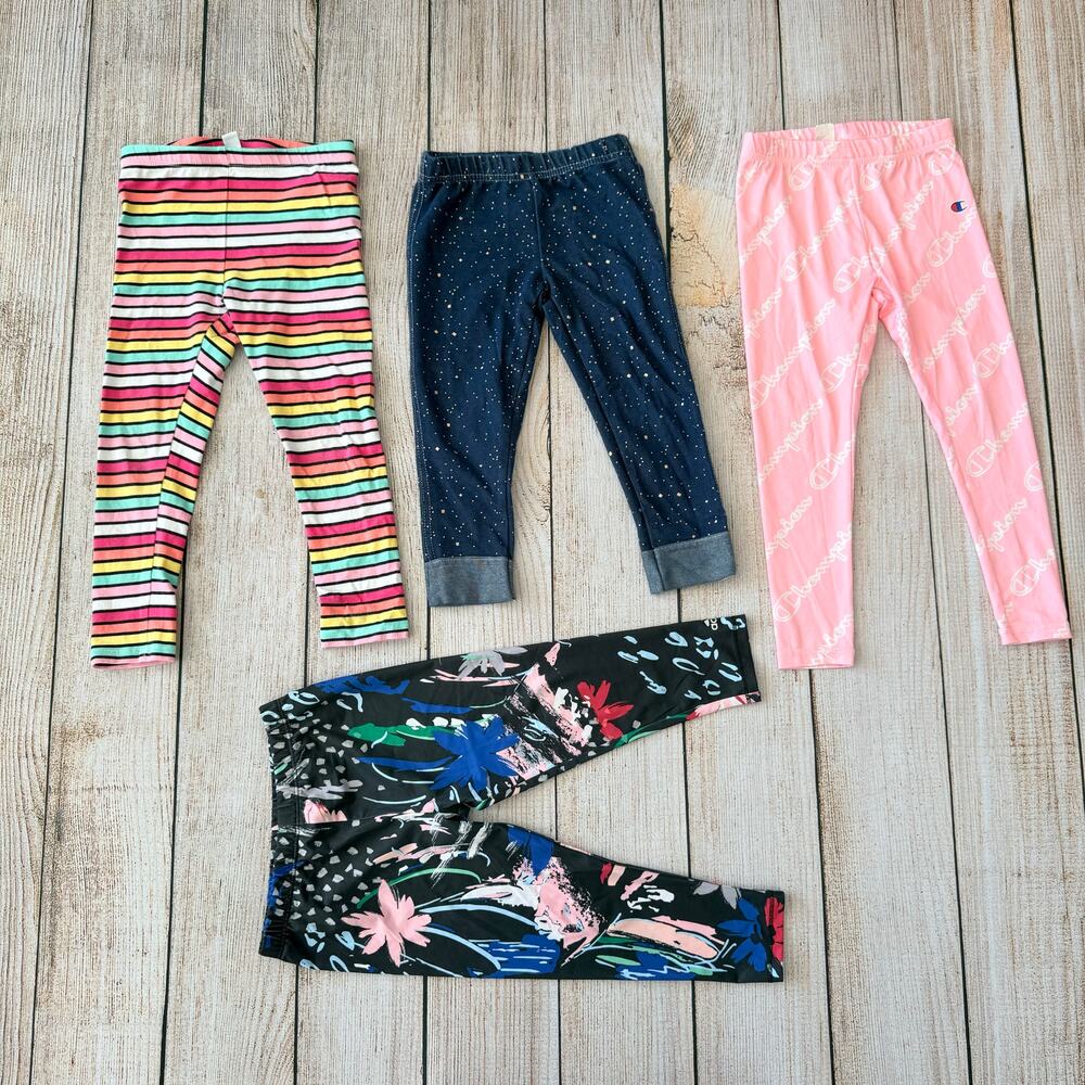 Girls 4T Leggings Lot of 4 NWOT Floral Striped Pink Navy